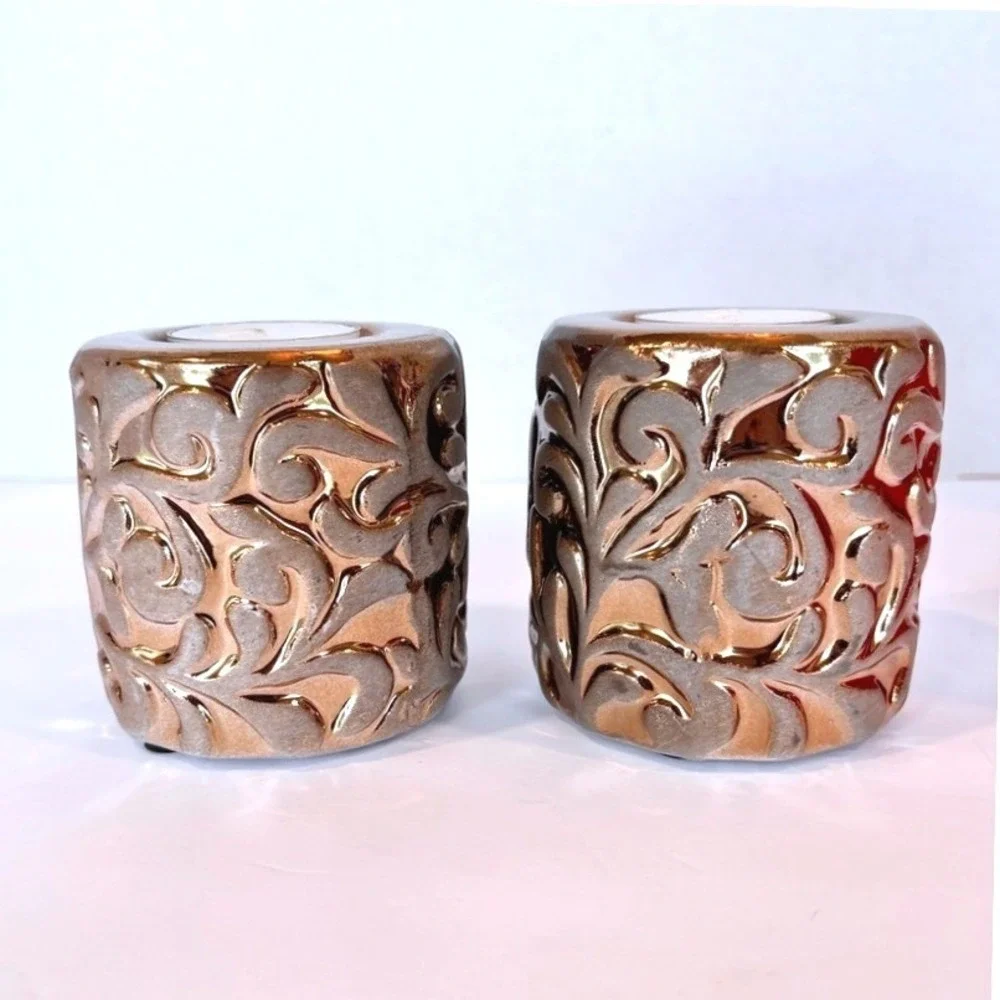 Bombay Pair Filigree Ceramic TeaLight Candle Holders Metallic Bronze-Gold Ornate